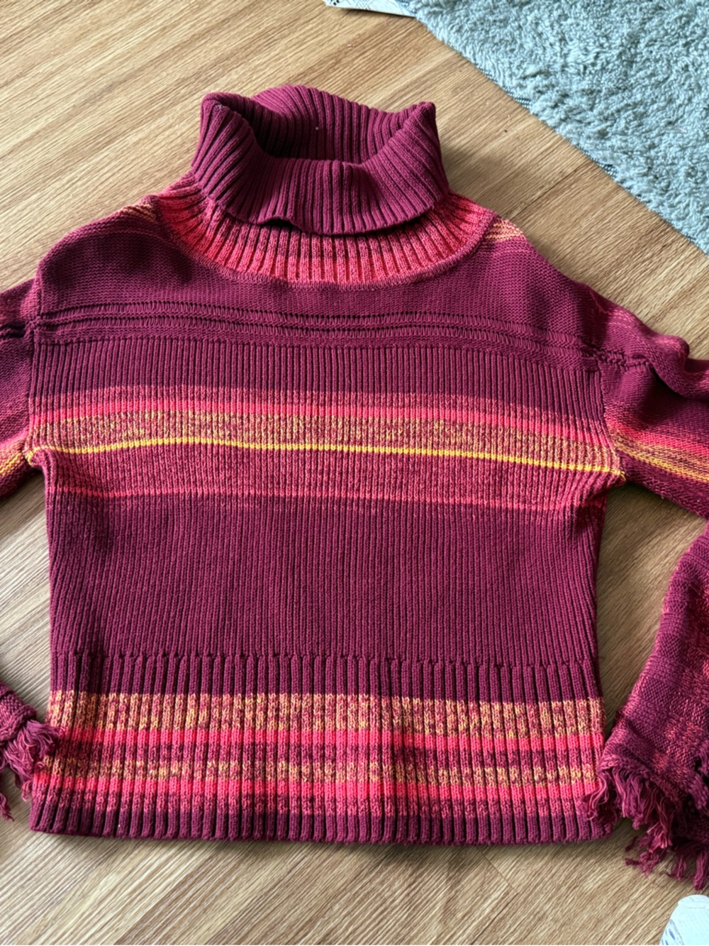 Free People Burgundy Ribbed Turtleneck Sweater with Sunset Stripes